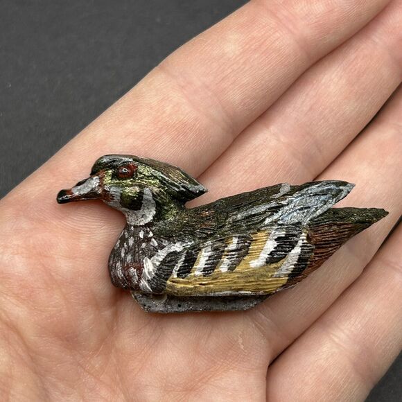 Vintage Artisan Hand Carved Painted Wooden Mini Duck Decoy Bird Pin Brooch 2 1/4 - Picture 6 of 6